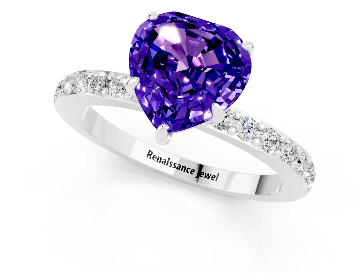 Heart Cut Tanzanite Solitaire Engagement Ring with Pavé Band and Four-Prong Setting Platinum