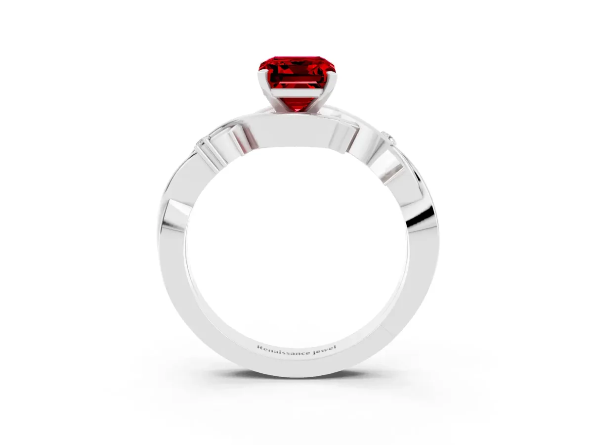 Emerald Cut Ruby Solitaire Ring with Twisted Band and Prong Setting Silver
