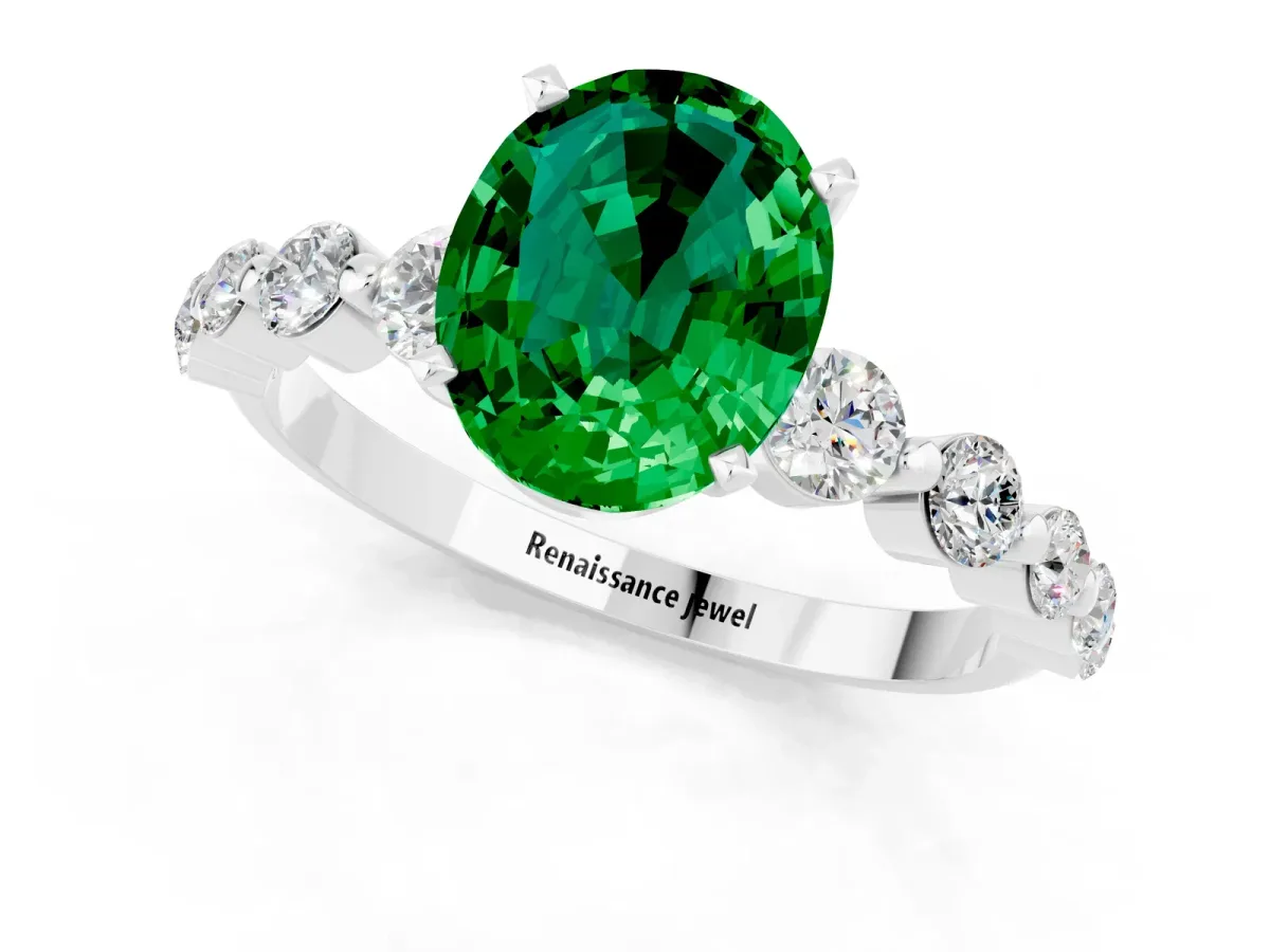 Oval Cut Solitaire Emerald Ring with Pave Band and Four-Prong Setting Platinum