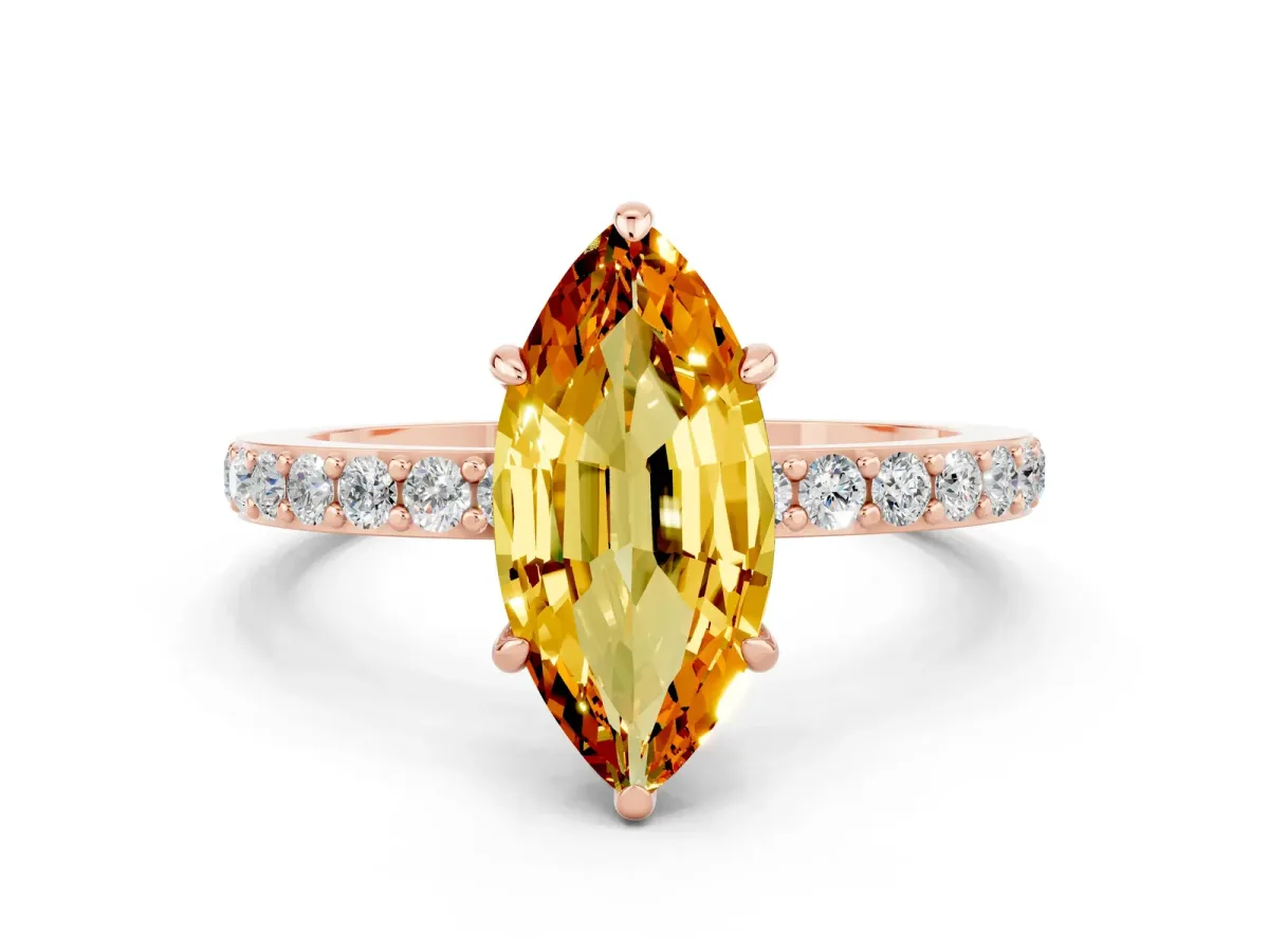 Marquise Cut Citrine Solitaire Engagement Ring with Pavé Band and Four-Prong Setting Rose gold