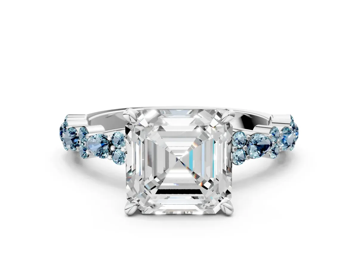 Asscher Cut Diamond Side Stone Solitaire Ring with Round Aquamarine and Four-Prong Setting Platinum