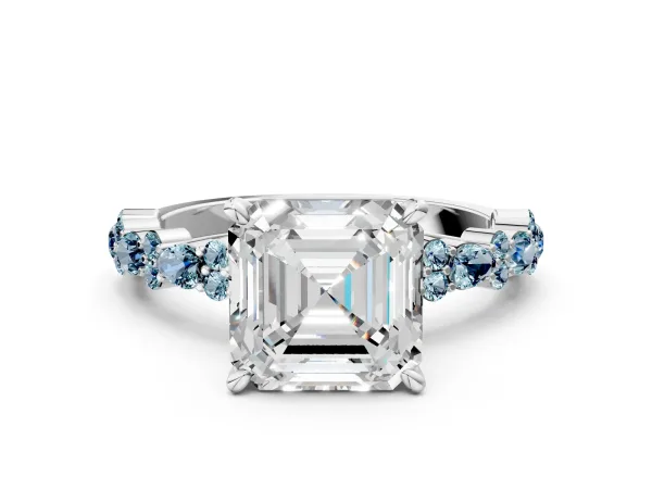 Asscher Cut Diamond Side Stone Solitaire Ring with Round Aquamarine and Four-Prong Setting Platinum