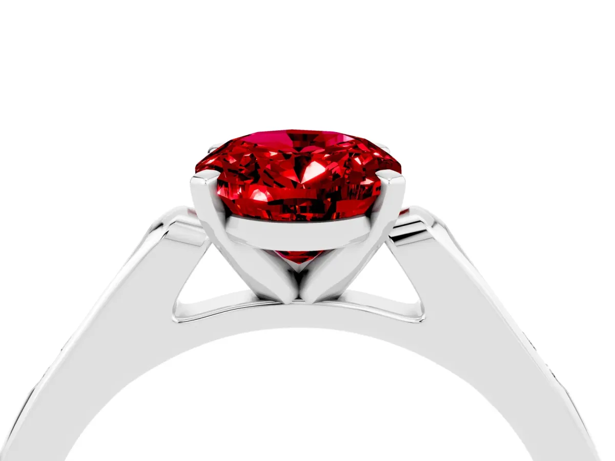 Oval Cut Ruby Solitaire Ring with Channel Set Round Band and Prong Setting White gold
