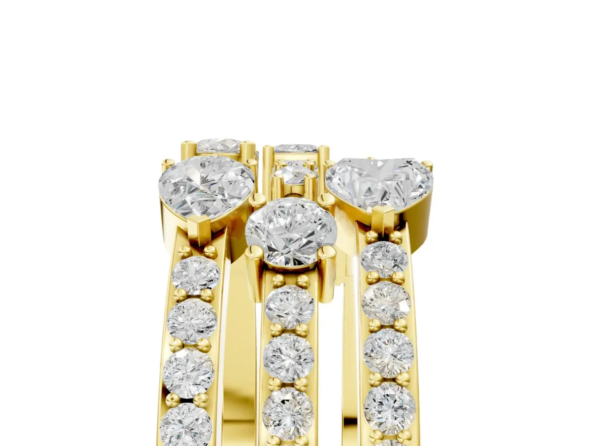 Mixed Shape Diamond Multi Row Promise Ring with Round Diamond Accents Yellow gold