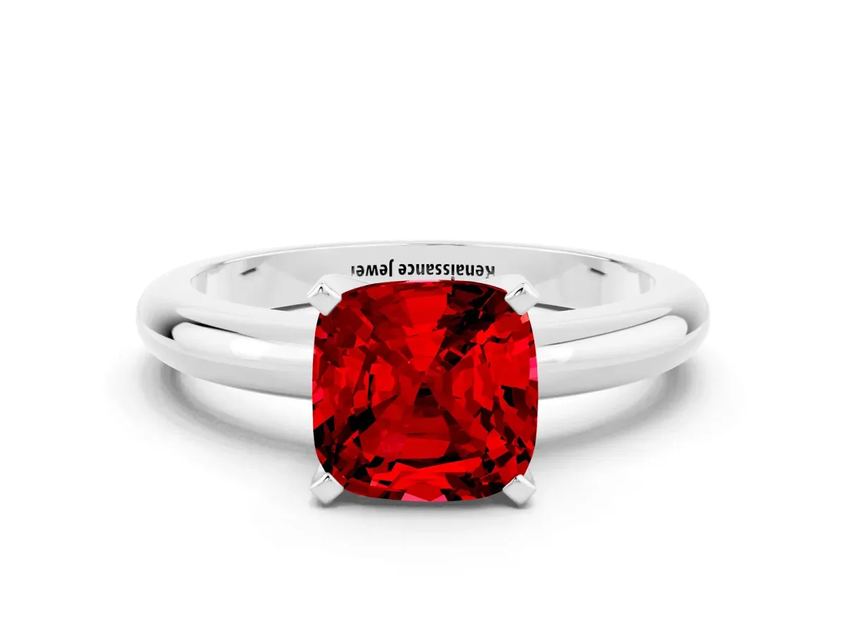 Cushion Cut Ruby Solitaire Engagement Ring with Round Band and Four-Prong Setting Silver