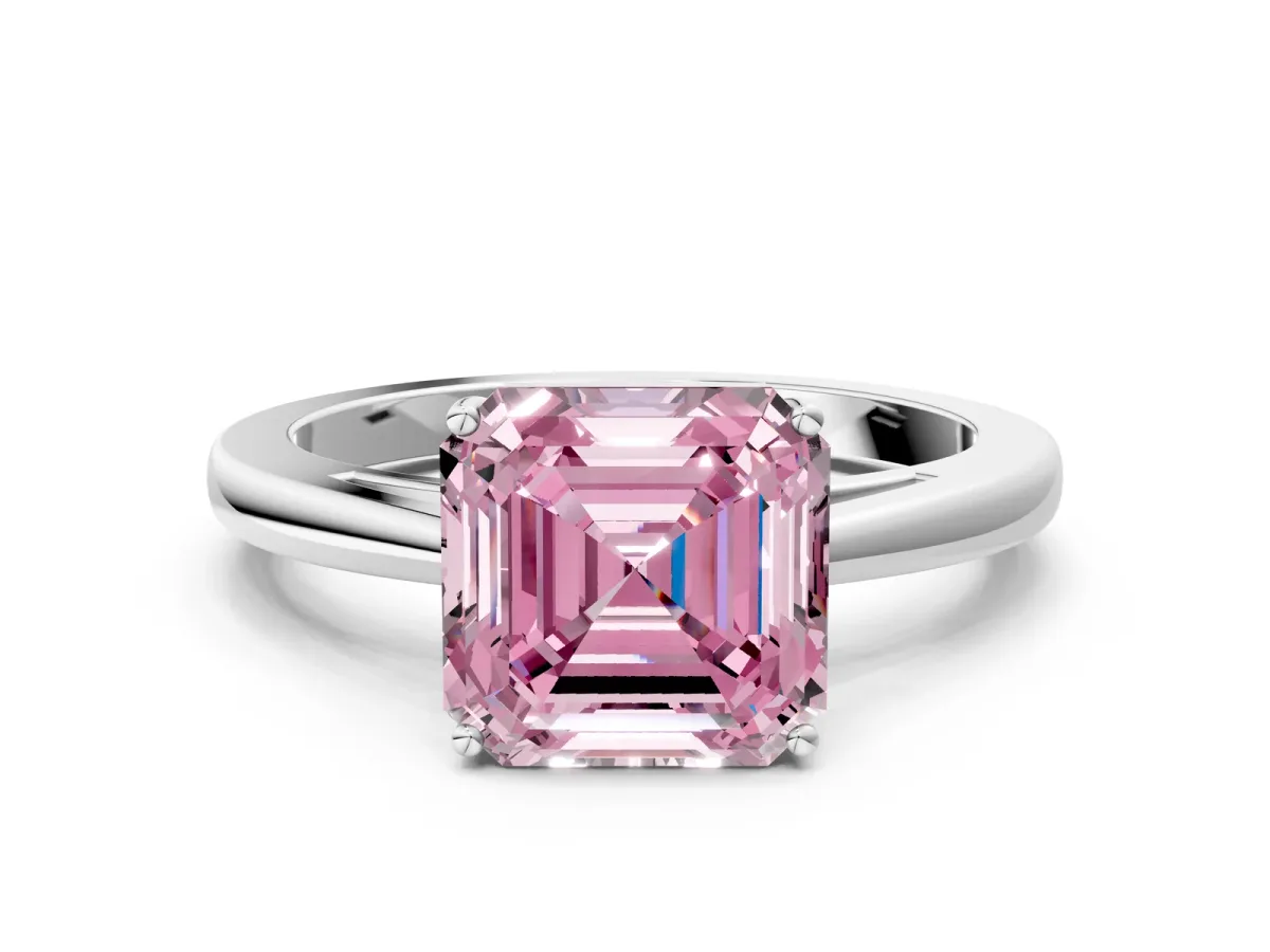 Fancy Pink Asscher Cut Solitaire Diamond Ring with Split Shank and Four-Prong Setting Platinum
