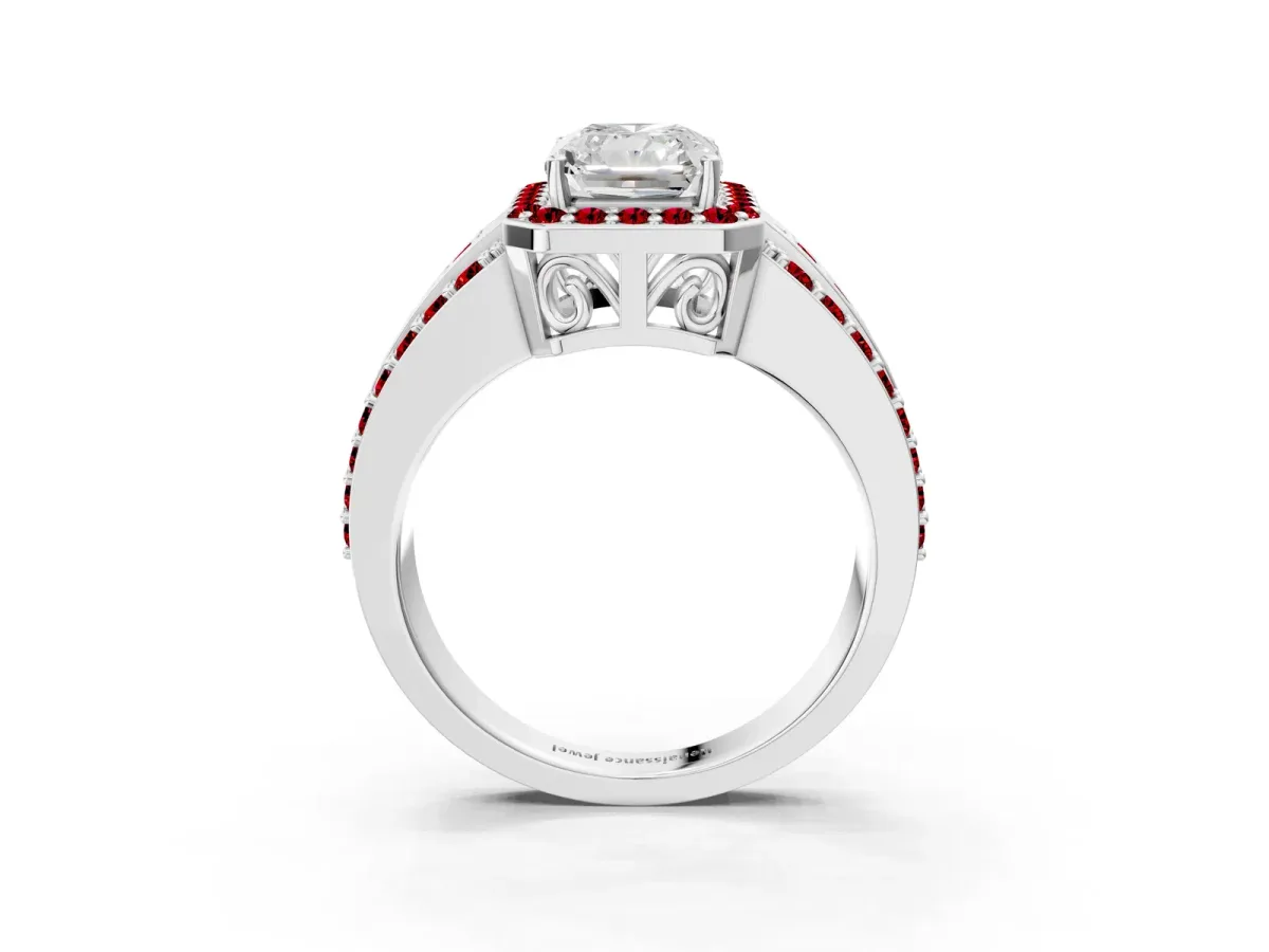 Radiant Cut Halo Diamond Ring with Round Ruby Split Shank and Prong Setting White gold