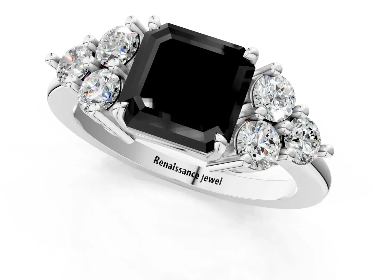 Fancy Black Asscher Cut Brilliant Diamond Cluster Accent Solitaire Ring with Prong Setting Platinum
