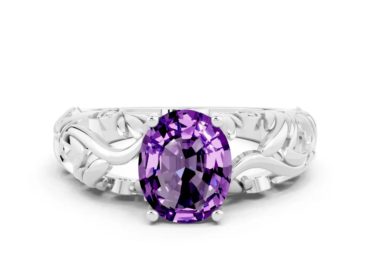 Oval Cut Solitaire Amethyst Leaf-Inspired Vine Band Ring with Prong Setting White gold