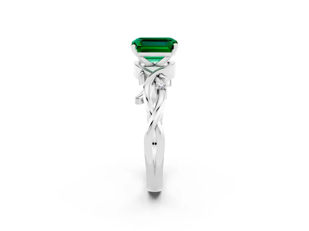 Emerald Cut Emerald Solitaire Ring with Twisted Band and Prong Setting Silver