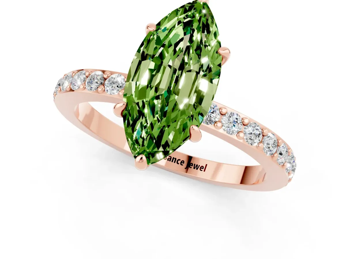 Marquise Cut Peridot Solitaire Engagement Ring with Pavé Band and Four-Prong Setting Rose gold