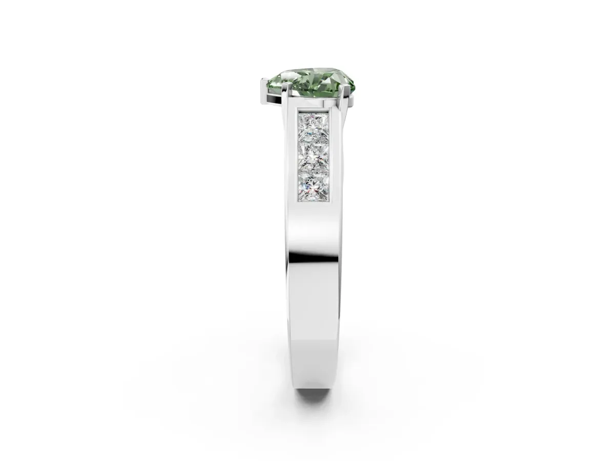 Fancy Green Heart Cut Cut Channel Set Solitaire Ring with Four-Prong Setting Silver