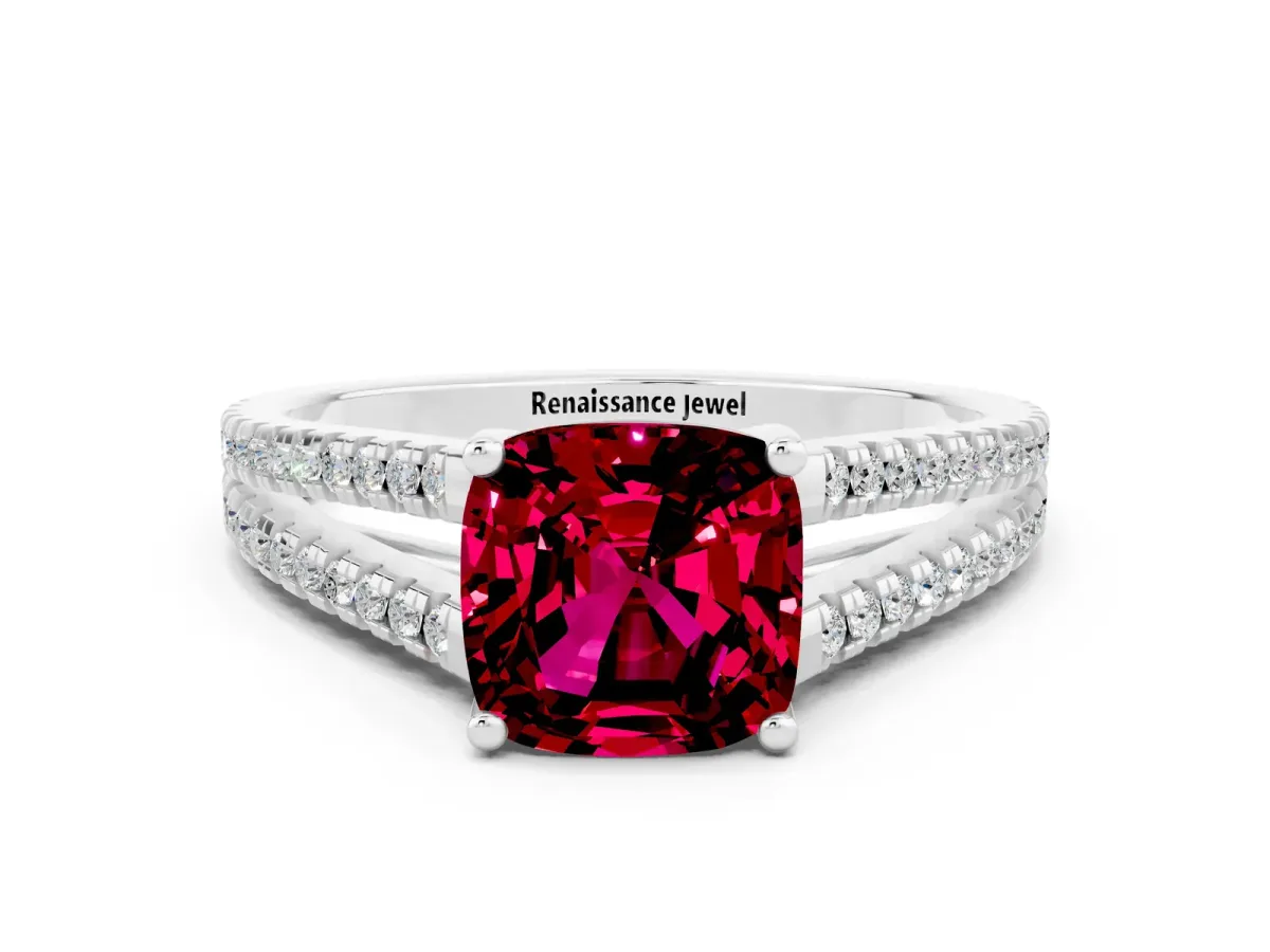 Cushion Cut Garnet Solitaire Engagement Ring with Split Shank Pavé Band Silver