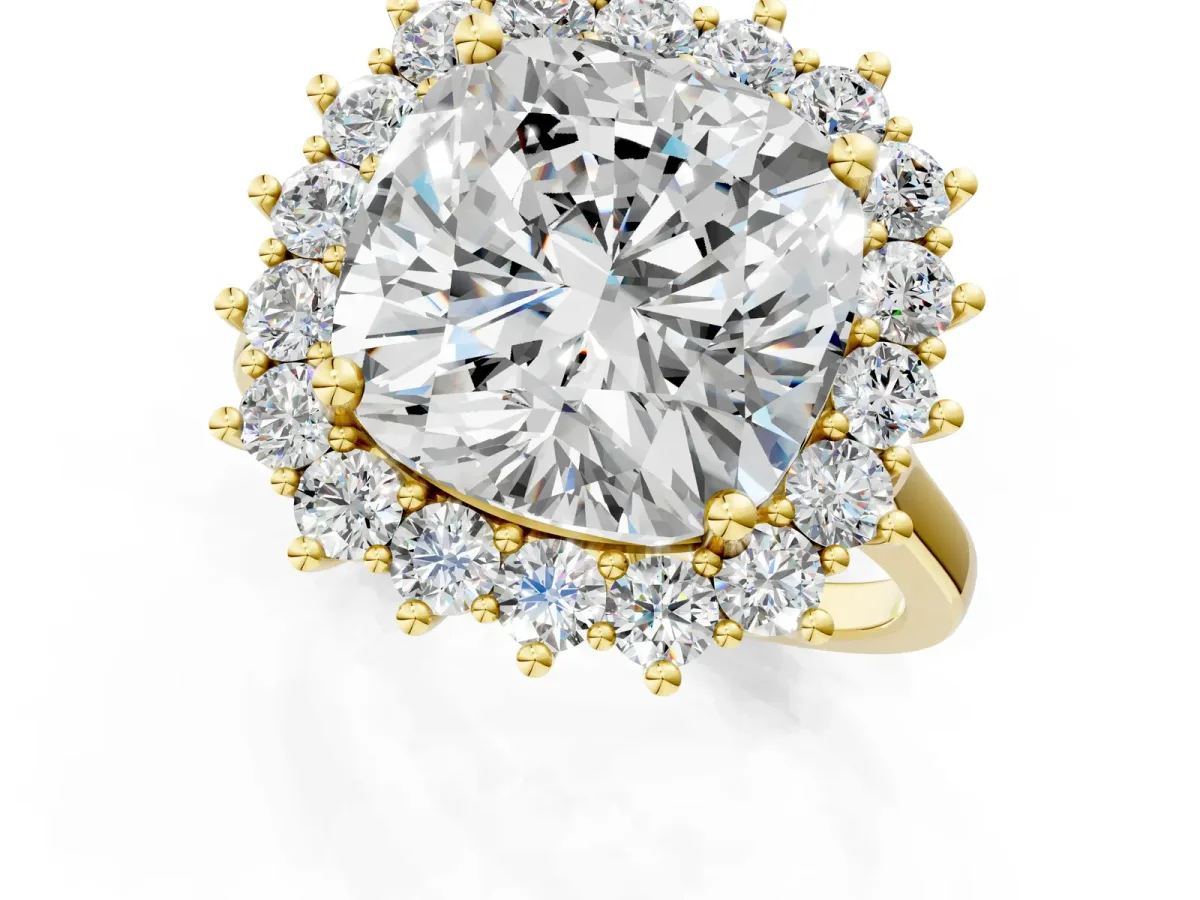 Cushion Diamond Halo Engagement Ring with Round Diamond Accents Yellow gold