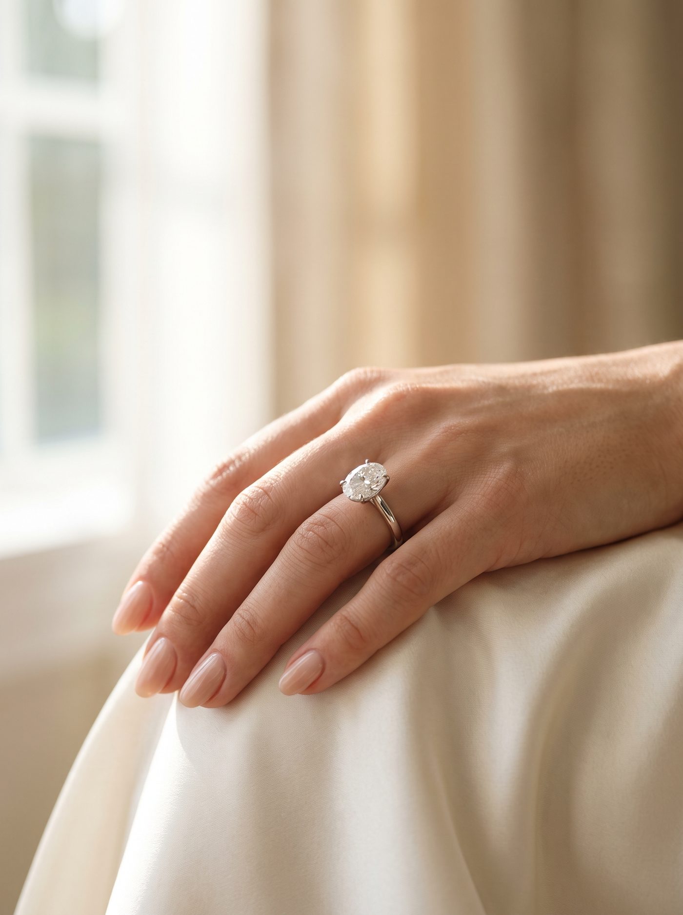 Oval-cut solitaire diamond engagement ring on ivory silk